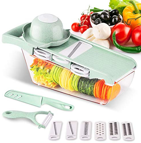 KUANDARg Sicurezza 6 in 1 Taglia Verdure Mandolina Affettatrice Professionale, con Regolabile Inossidabile Lame, Multifunzione Grattugia per Alimentare Frutta Formaggio Verdura Multifunzione, Green