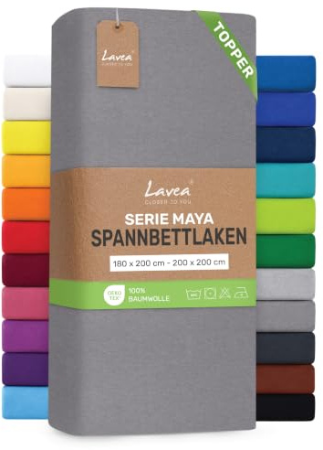 Lavea® Topper Spannbettlaken 180x200 cm - 200x200 cm - Mittelgrau | Maya 100% Jersey Baumwolle – Weiches Spannbetttuch Topper bis 10 cm, atmungsaktives Bettlaken, formstabil & pflegeleicht