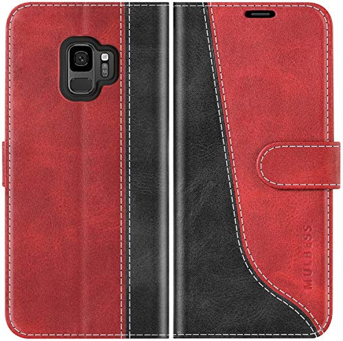 Mulbess für Samsung Galaxy S9 Hülle, Handyülle Leder mit Kartenfach, Klapphülle mit Magnetverschluss, Flip Case Etui Handytasche Schutzhülle, Stilvoll Wein Rot