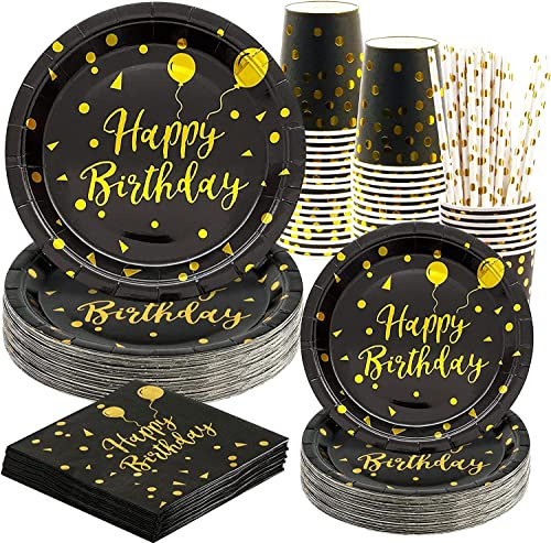 Rorchio 120 Stück Pappteller Geburtstag Schwarz Gold, Partygeschirr Set 24 Gäste Pappbecher Pappteller Servietten Trinkhalme Papier fur Manner Geburtstagsdeko Schwarz Gold