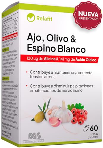 Ajo + Olivo + Espino Blanco – 60 Perlas | Suministro para 2 meses | Salud cardiovascular | Mejora la tensión arterial | 100% Natural | Relafit - Laboratorios MS