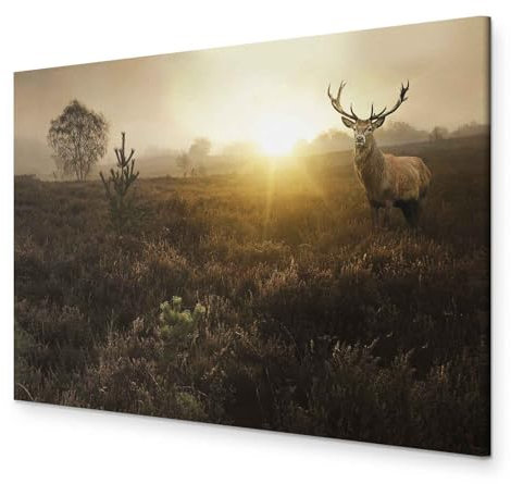 murando HandArt Bilder auf Leinwand Hirsch 1 tlg Leinwandbild Wandbilder Wohnzimmer Wanddekoration Moderne Kunst - Natur Tier Landschaft Sonnenuntergang g-B-0051-b-b