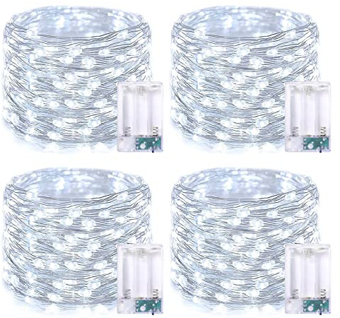 JMEXSUSS 4 Pack 50 LED Fairy Lights Battery Operated, 16.1ft White Fairy Lights for Bedroom, Silver Wire Twinkle String Lights Indoor for Party Wedding Birthday Decorations