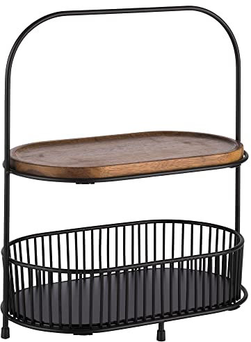 APS 30336 2-stufige Etagère/ Serviergestell, mit Körben und Servierbrettern aus Akazienholz, Schwarz