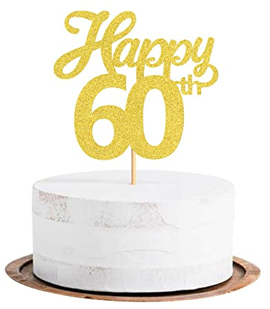 Blumomon 3Pcs Happy 60th Cake Topper Gold Glitter Number 60 Sixty Birthday Cake Pick Decorations for Cheers to 60 Years Old 60th Birthday Wedding Anniversary Party Supplies