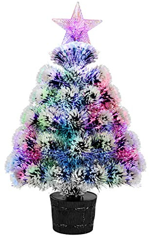 Small Christmas Tree Fiber Optic Lighted, 54cm Pre-Lit Tabletop Christmas Tree Mini Artificial Desktop Xmas Tree Snowflocked with Tree Star,RGB Lighting