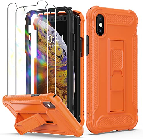 ORETECH for iPhone X Case, Built-in Kickstand Phone Holder, Orange | 2 x Tempered Glass Screen Protectors, Heavy Duty Military Grade Drop Shockproof Protection