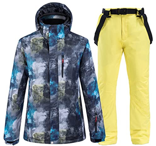 Snowboardjacke + Hose Herren Skianzug Winterparka Outdoor Thermo Skimantel und Snowboardhose Gelb M