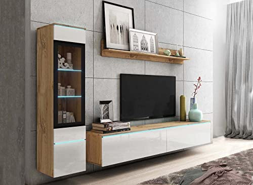 DecoInParis Meuble TV Contemporain chêne et Blanc laqué avec LED - Veronica