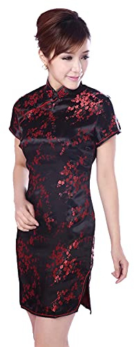 YLfly Robe courte chinoise Cheongsam Qipao pour femme Imprimé fleurs de prunier, Noir , M