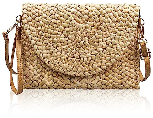 Grantop Sac à main en paille pour femme, sac à main fourre-tout à bandoulière avec sangle réglable, sac à bandoulière en paille tissée naturelle faite à la main, marron, One Size