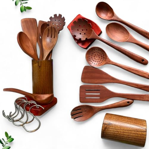 Holz Kochbesteck Set Küchenhelfer Set Kochutensillien Set Pfannenwender Servierlöffel Nudellöffel Schöpfkelle Kochlöffel Schaumlöffel Schlitzwender aus Holz mit Halter Ablage und Haken 16 Teilig