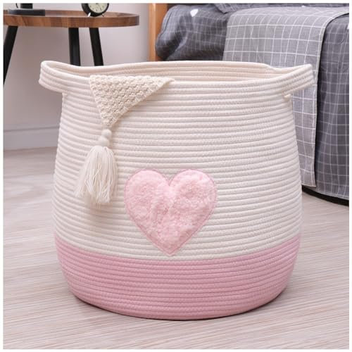 Volhouim Large Woven Storage Basket, 17.7x16.9 Cotton Rope Basket, Laundry and Blanket Organizer, Toy and Nursery Container with Handle (Pink Heart)