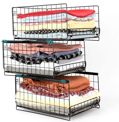 BELLE VOUS 3-Tier Sliding Closet Drawer Organiser Shelves - Stackable Storage Bins for Wardrobe, Kitchen, Bedroom & Cupboard - Folding Storage Boxes
