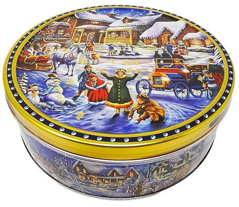 Danish Cookies Assortment 400g (14 Ounce) in an Embossed Winter Village Christmas Biscuit Tin - Biscuit Gift Box for Women, Men & Kids