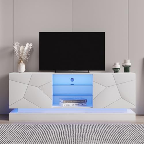 KOMHTOM Meuble TV blanc avec LED, buffet avec deux portes et un compartiment de rangement ouvert, armoire polyvalente pour salon et chambre à coucher, 160 x 38,5 x 60 cm (A)
