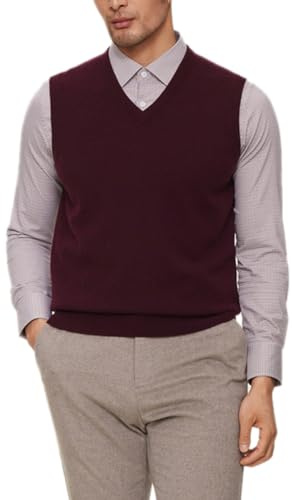 Men's V-Neck Cashmere Sweater Knitted Sweater Vest Sleeveless Pullover Knitted Loose Sweater top_Wine red_X-Large