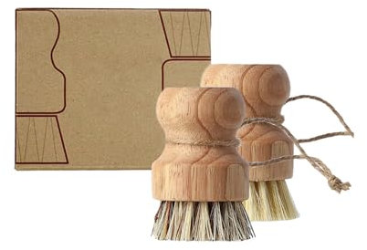 DoHTeck Pot Brush, Mini Bamboo Round Dishwashing Brush, Natural Scrub Brush, Durable Scrubber Cleaning Kit for Cleaning Pots & Pans & Vegetables (Set of 2)