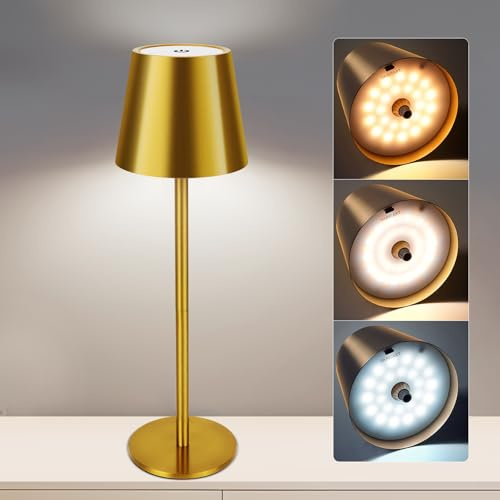 VARICART Modulare Metall Tischleuchte Kabellos, 5000mAh Akku, Touch Dimmbar, 3 Lichtfarben, Höhenverstellbar, IP54 Wasserdicht, USB-C, für Schlafzimmer, Wohnzimmer, Garten & Terrasse, Gold