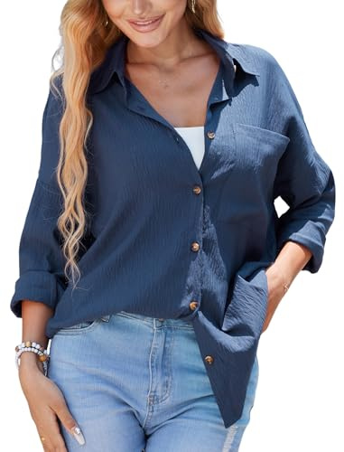Stamain Navy Blue Blouses for Women UK Casual Summer Ladies Button Up Shirt Long Sleeve Blouses & Shirts for Beach Holiday Office Work M