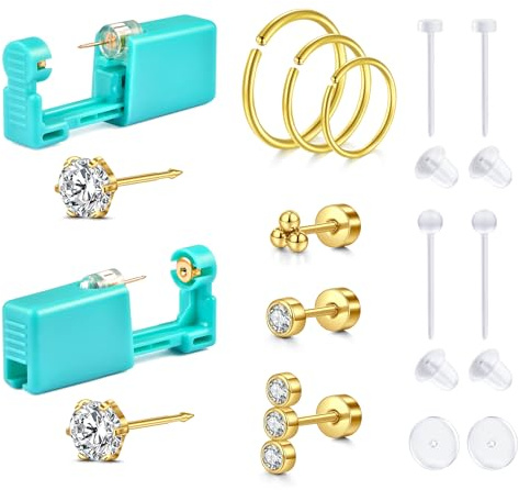 QSKISS Öronhål hål hål set örhängen gör-det-själv stick öra piercing kit hjärta stjärna form kirurgiskt stål & clohrpiercing piercing öra