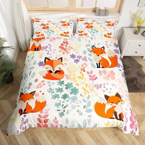 Kawaii Fox Duvet Cover King,Cartoon Fox Floral Bedding Set for Kids Girls Boys,Cute Colorful Flower Bed Set Wildlife Animal Print Duvet Cover with 2 Pillowcases