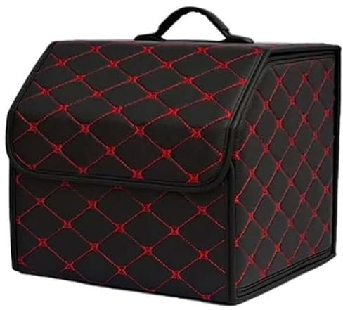 Faltbare Auto Kofferraum Organizer Leder Aufbewahrungsbox für VW Golf Mk5 Mk6 Passat B6, Trunk Organizer mit Deckel, Wasserdicht Kofferraumtaschen Innenraum Zubehör,C/Black-red-S