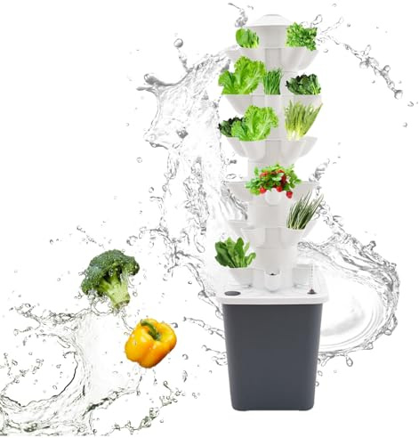 30 Pods Hydroponics Tower Garden Hydroponic Growing System, 6 Etagen Hydroponics Vertical Growing Kit, Aeroponik-Turm mit Hydratisierungspumpe, Adapter und Saatbett (Grau)