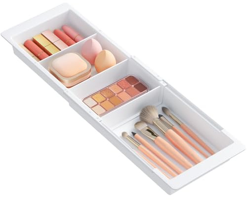 Lifewit Sliding Makeup Drawer Organizer, Fits 13-20 Deep Drawers, Extendable Hanging Divider, 1.8 High Plastic Tray for Vanity, Office, Kitchen, White,1Pcs