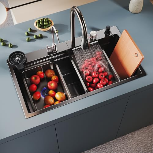 SONNI Spülbecken 80x45x23cm, Edelstahl Küchenspüle mit Wasserfall, Schwarz | Mit Ausziehbarer Wasserhahn, Wasserfilter, Gläserspüler, Abtropfwanne, Abtropfkorb, Seifenspender, Schneidebrett, Ablaufset
