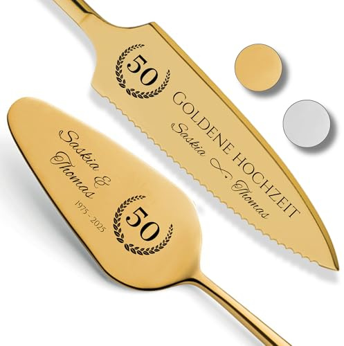 SMARTEON Tortenheber Set mit Tortenmesser und Personalisierter Gravur – Geschenk Hochzeitstag für Brautpaar, Geburtstag, Jubiläum, Geschenkidee für Paare – Goldfarbenes Set