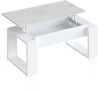 duehome | Mesa de Centro elevable, Mesita para Salon, Mesa Auxiliar, Modelo Neo, Acabado en Color Blanco Artik y Gris Cemento, Medidas: 105 cm (Largo) x 55 cm (Ancho) x 45-54 cm (Alto)