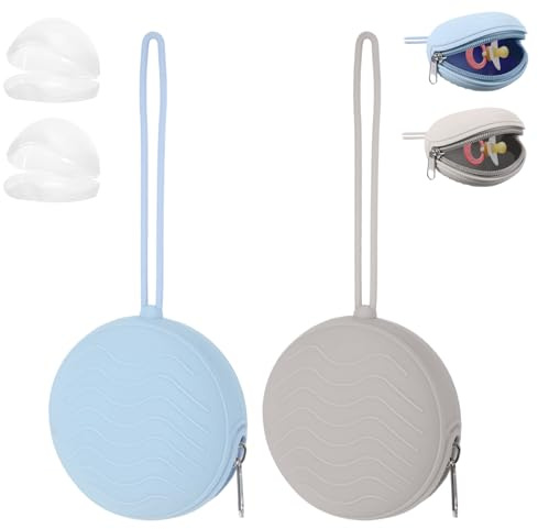 Jeqqinuz 2 Pack Pacifier Holder Case, BPA-Free Silicone Portable Pacifier Case Holder Pouch for Baby Boys & Girls, Travel Storage Container for Newborn, Diaper & Strollers(Light Grey/Blue)