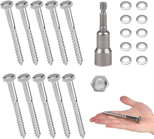 MIGUBIGU 10 PCS Tirafondos Cabeza Hexagonal M8 x 80 mm, Tornillos Hexagonales Inox, Tornillos para Madera con Arandelas y Casquillo Hexagonal para Sujetar Madera