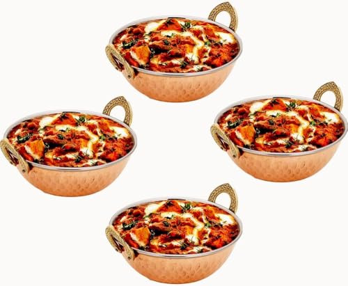 Royal Kurta Set of 4 Pure Copper Hammered Balti Dish Serving Bowls for Indian Curry Dishes & Rice