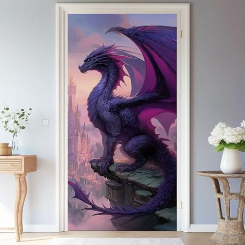 Türaufkleber Fantasie Drache Schloss Türfolie Selbstklebende Fototapete, 80 x 210 cm Türposter Abnehmbar Türfolie PVC für Tür Schlafzimmer Wohnzimmer Küche Badezimmer Türaufkleber, Lila