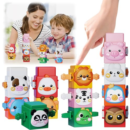 KERANEET Baby Bausteine Spielzeug Stapelturm Baby Bausteine für Kinder ab 1 Jahr Stapelwürfel Bauklötze Tiere 12 Stück Montessori Spielzeug für Jungen Mädchen Geschenke