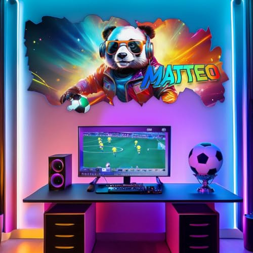 tjapalo® PT2 cooles Wandtattoo Kinderzimmer junge mit Namen Kinder Wandsticker mit Namen personalisiert Gamer Wandtattoo jungenzimmer cool Fußball Wandsticker Fussball Panda