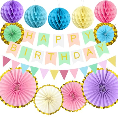 Wiederverwendbare Geburtstagsdeko Pastell, Happy Birthday Girlande | Wimpelkette, Papierfächer Wabenbälle und Pompons Deko für Kindergeburtstag Party Deko Mädchen und Frauen