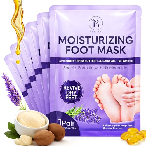 6 Paia Maschera Piedi Idratante con Estratto di Lavanda, Cura per Talloni Screpolati con Burro di Karité, Olio di Jojoba e Vitamina E, Maschera per Piedi Secchi e Screpolati