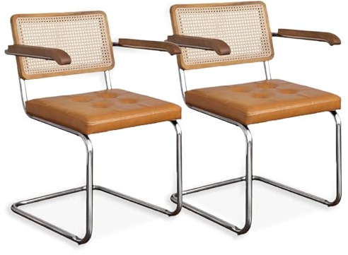 SEEDWAVE 2er-Set Freischwinger Esszimmerstühle mit Wiener Geflecht, Massivholz Armlehnen & PU-Ledersitz, Vintage Design für Esszimmer & Wohnzimmer