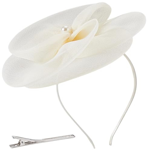 CREATCABIN Beige fascinator-hatt te partyhattar polyester plast imitation pärla blomma nät pillerlåda slöja pannband fascinatorer huvudkepsar med hårklämma för bröllopsfester cocktail kyrka kvinnor