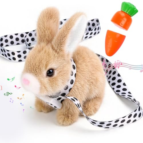 hehred Bunny Toys for Kids with Carrot, Interactive Plush Bunny Toy with Sounds, Electronic Walking Jumping Spotted Rabbit for Easter Christmas or Birthday Gifts, Brown
