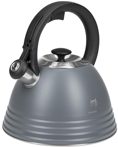 KARL HAUSMANN Wasserkessel Induktion (3 L), Grau mit Pfeife, ALEX | Edelstahl Teekessel für Gasherd und Glaskeramik, abnehmbarer Deckel, Flötenkessel mit wärmeisolierendem Griff