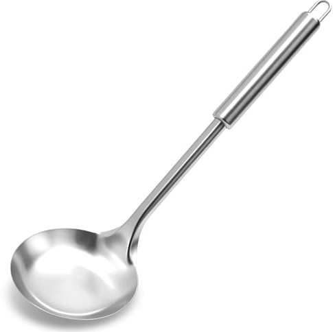 JETHMA Stainless Steel Soup Ladle, 12.8 One-Piece Metal Cooking Spoon with Deep Bowl, Mirror Polished Heavy Duty Serving Ladle for Soup, Stew and Gravy, Silver(Silver)