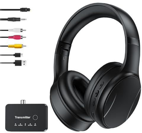 Cuffie TV Wireless per Anziani, 2.4G RF & Bluetooth 5.4 con Trasmettitore 5-in-1 (Uscita Ottiche/Coassiali/RCA/AUX/USB), 5 Modalità EQ, Portata 30m, 20H Autonomia, Cuffie TV Over-Ear Pieghevoli Regalo