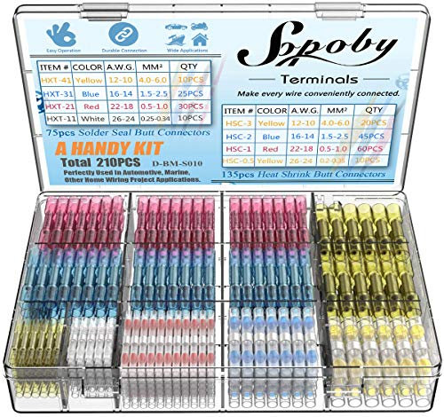 Sopoby 210pcs Kabelverbinder Stoßverbinder Schrumpfverbinder Kabelschuhe Quetschverbinder Set, Schrumpf Draht-Anschlüsse & Lotmittelabdichtung Draht-Anschlüsse