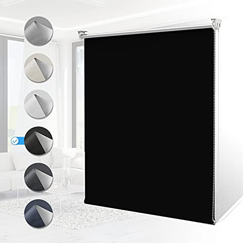 Verdunklungsrollo Klemmfix ohne Bohren Rollos für Fenster Innen B65 x H170 cm Schwarz Thermorollo Klemmrollo Seitenzugrollo Sicht-und Sonnenschutz Wandmontage