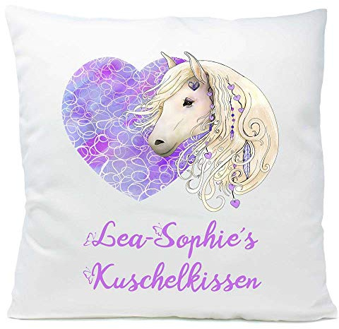 Feenstickerei Kissen Pferd blond Herz mit Namen Widmung 40x40 cm inkl. Füllung Kuschelkissen Geschenk, Kissen Farbe:Vorderseite weiß flauschig/RS weiß flauschig