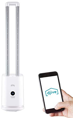 djive Flowmate Tower one tornfläkt, tyst fläkt med app och alex-styrning, luftrenare med HEPA 12 filter, ca 105 cm hög, med fjärrkontroll, oscillation 80°, display, 35 W, Arctic White